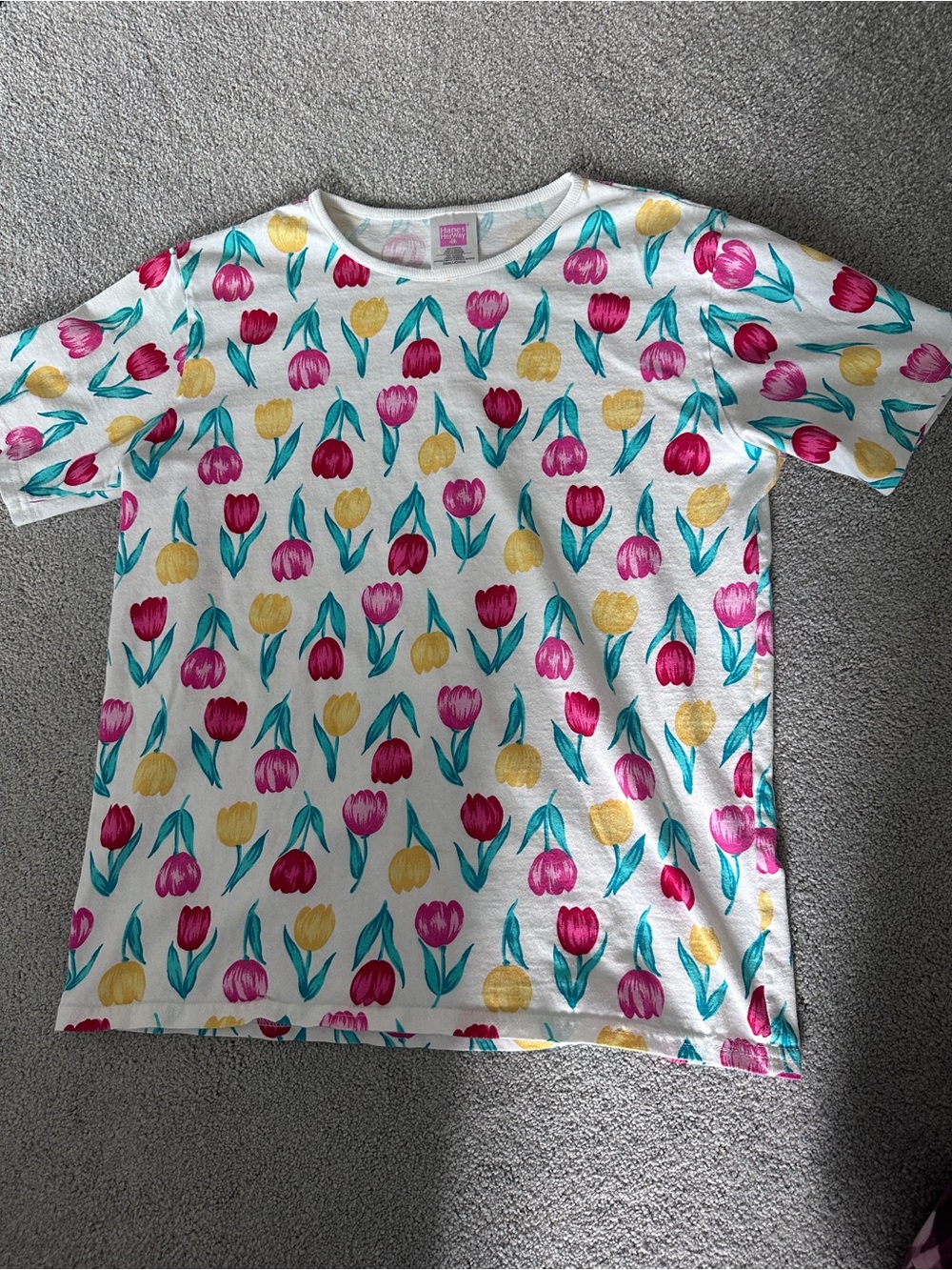 VTG Hanes Herway Tulip Cotton T Shirt White Green Pink Floral Women's Size SM